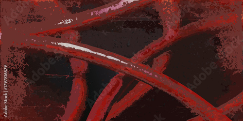 Abstract red and black textured background with intersecting lines and grungy details