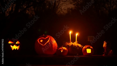 Halloween pumpkin smiling carved candles fire burning dark night carved scary harvest jack o lantern flaring glowing monster celebration fun hokkaido pile harvesting Cucurbita maxima pepo moschata