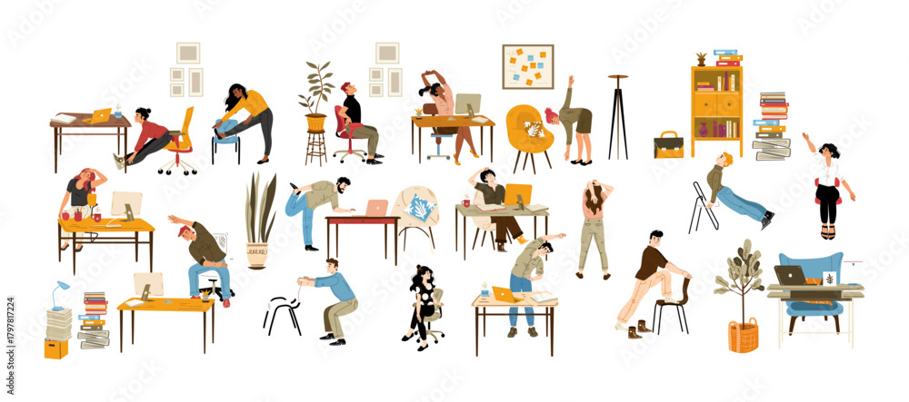 Naklejka premium people doing stretching exercises in office