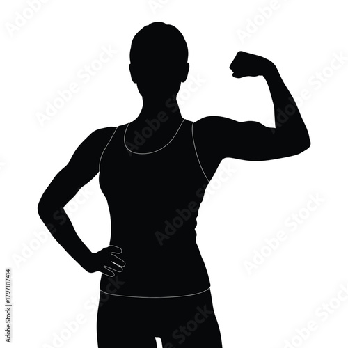 Female athlete silhouette flexing bicep, embodying strength, health, and determination Vector