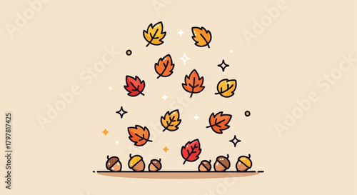 Charming collection of autumnal leaves and acorns falling against a warm beige background minimal 50 characters
