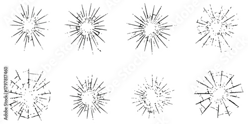 Abstract collection of shattered glass textures, broken window fragments.