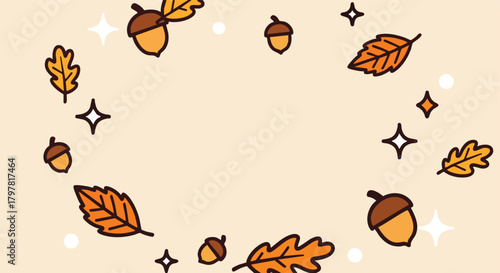 Charming autumn acorn and oak leaf border design with sparkling accents on a soft pastel background