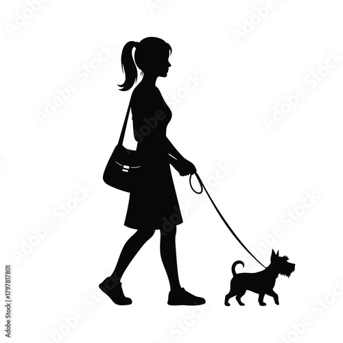 Female figure walking her pet dog, a terrier, on a leash. simple vector graphic art. Vector