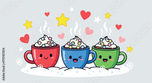 three adorable kawaii mugs filled with hot chocolate and marshmallows set against a festive winter background with hearts and stars
