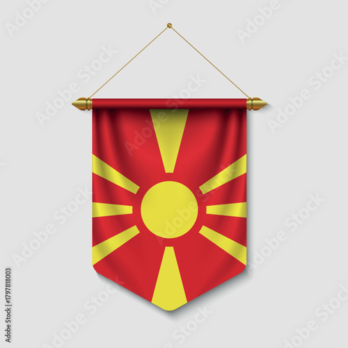Realistic Hanging Pennant Flag of North Macedonia