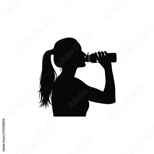 Female silhouette drinking water from bottle, refreshing after exercise, hydration icon design Vector