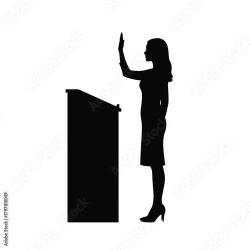 Female silhouette with hand raised, taking an oath or pledging allegiance at a formal podium. Vector