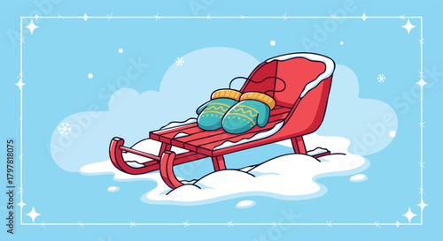 cozy winter scene with a red sled adorned with mittens sitting in fresh snow under a pale blue sky with falling snowflakes and a decorative border