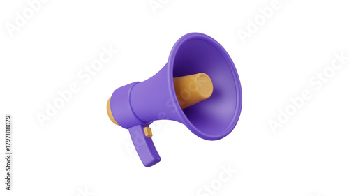 A vibrant 3D rendering of a purple megaphone with orange accents, ready to announce or broadcast, presented against a solid transparent background. background removed