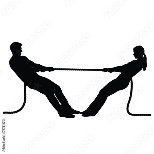 Man and woman silhouette in challenging tug-of-war, depicting strength, effort, rivalry. Vector