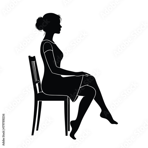Young woman silhouette seated gracefully on a classic chair, side profile view illustration. Vector