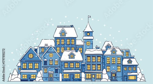 Charming cartoon illustration of a winter town cityscape with snow falling and warm lit windows