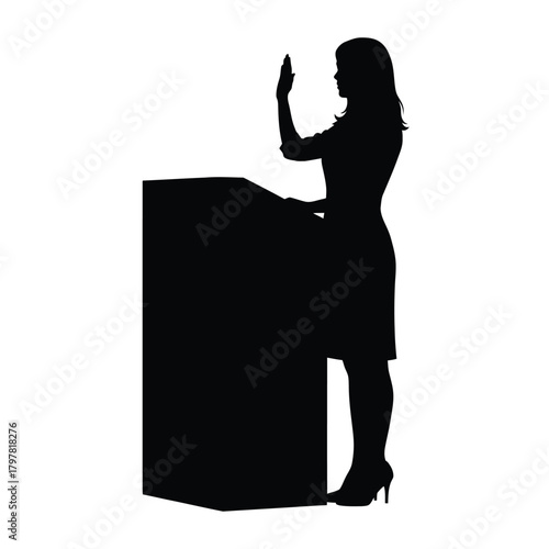 Female speaker silhouette raising hand at podium, taking oath or making public statement Vector