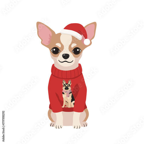 Cute Chihuahua Dog in Ugly Christmas Sweater with Dog Print