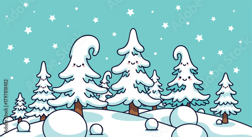 Whimsical winter woodland scene featuring anthropomorphic snow-covered fir trees under a starry sky