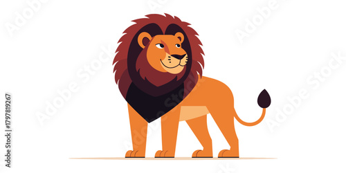 Cartoon lion with a majestic mane standing confidently on white background.