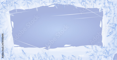 Frozen pattern on winter window. Blue ice winter background, texture blue wallpaper.  illustration.