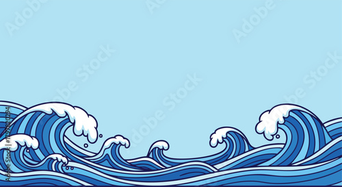 Stylized blue ocean waves with white foam against a pale blue sky background creating a serene aquatic scene