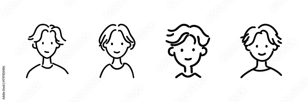 Fototapeta premium Four Male Faces Line Icon Set In Doodle Style. Diverse Hairstyles And Expressions Outline Sketch Collection. Character Design And Illustration. Hand Drawn Isolated Vector Illustration