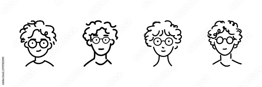 Obraz premium Curly Haired Characters With Glasses Line Icon Set In Doodle Style. Diverse Facial Expressions And Hairstyles Outline Sketch Collection. Hand Drawn Isolated Vector Illustration