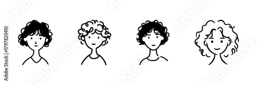 Four Diverse Curly-Haired Characters Line Icon Set In Doodle Style. Expressive Faces And Hairstyles Outline Sketch Collection. Hand Drawn Isolated Vector Illustration