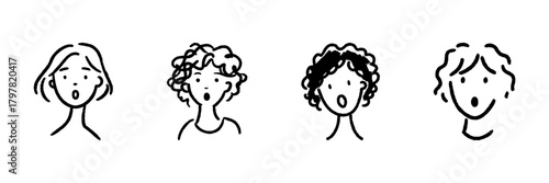 Four Surprised Faces Line Icon Set In Doodle Style. Emotional Expression And Reaction Outline Sketch Collection. Facial Expressions And Human Emotions. Hand Drawn Isolated Vector Illustration