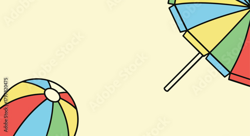 Vibrant beach ball and umbrella illustrations on a pale yellow background evoking summer fun and relaxation