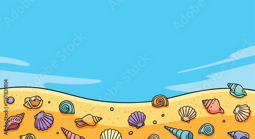 Vibrant beach scene with a colorful assortment of seashells scattered across the golden sand beneath a clear blue sky