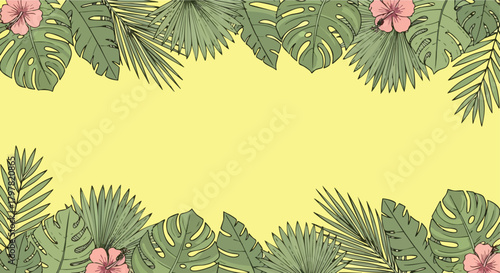 Vibrant tropical foliage border with delicate hibiscus flowers against a soft yellow background a summery botanical design element
