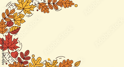 Whimsical hand-drawn autumn foliage border with maple and oak leaves in warm fall hues on a pale yellow background