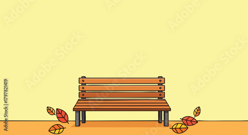 A simple illustration of an empty wooden park bench surrounded by scattered autumn leaves against a soft yellow backdrop