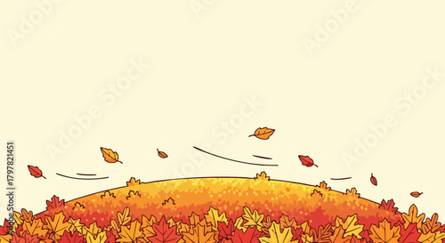 Whimsical autumn foliage drifts across a gentle hill under a soft, pale sky