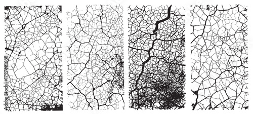 Black and White Cracked Texture Set with Broken Dry Ground Surface Pattern and Abstract Fracture Overlay
