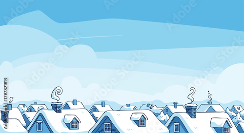 Whimsical winter village scene with snow-covered rooftops and atmospheric cloudy sky creating a serene and cozy atmosphere ideal for seasonal themes