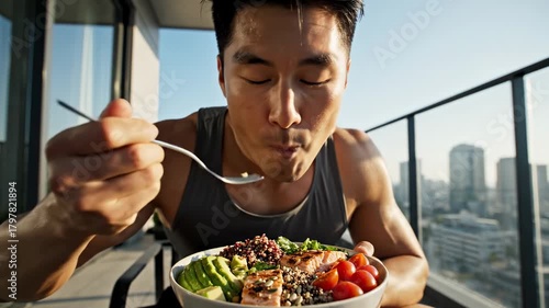 Healthy Asian Man Enjoying Delicious Meal on Balcony