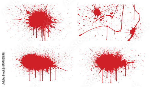 Red Paint Splatter and Drip Collection with Ink Splash Stain Spatter Effect for Halloween Horror Design