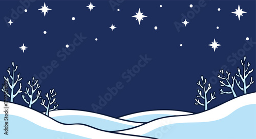 whimsical winter night scene with snow covered hills and star filled sky