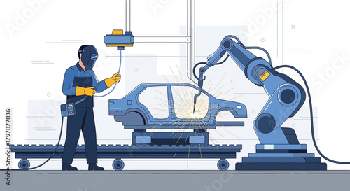 Automated car body welding process with a robotic arm and human control integration on factory line