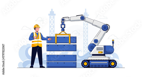 Automated construction site depicting worker directing a robotic arm for building material
