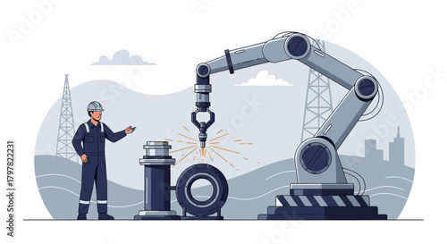 Automated industrial assembly: a worker oversees a robotic arm welding components in a modern