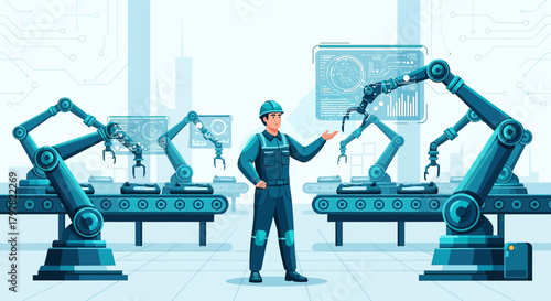 Automated future: Precision assembly line operated by robotic arms and monitored by a technician