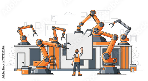 Automated industrial production assembly line with mechanical robotic arms performing tasks in
