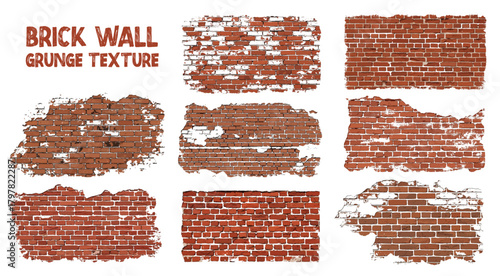 Red Brick Wall Grunge Texture Collection with Weathered Distressed Surface and Vintage Architecture Pattern Set