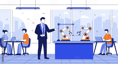 Automation exposition in office, showcasing robotic arms and human collaboration in workspace