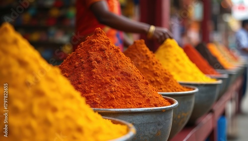 Fototapeta Naklejka Na Ścianę i Meble -  Piles of vibrant colorful spice powders in bowls at an outdoor market stall. A vendor scoops spices in the background. Yellow, orange and red powders form a textured display.