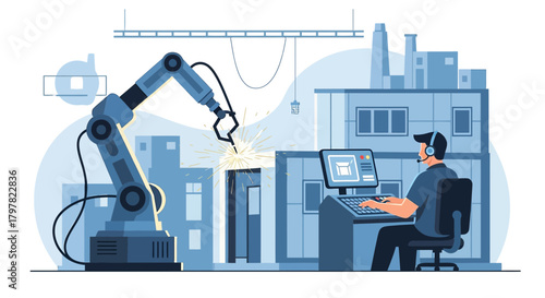 Automation process of robotic arm manufacturing a metal structure supervised by technician