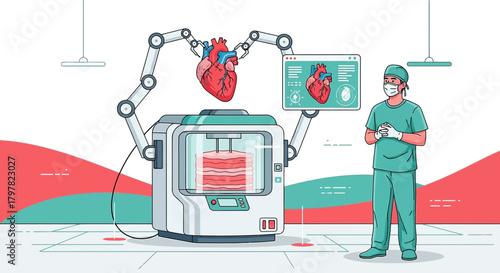 Bioprinting a human heart organ by 3d printer in a futuristic medical laboratory environment
