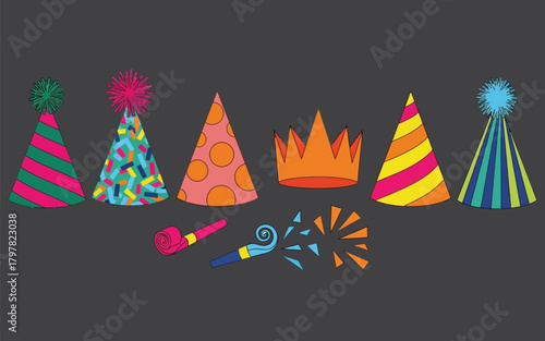 Set of colorful party hats, crowns, and noise makers for birthdays and celebrations.