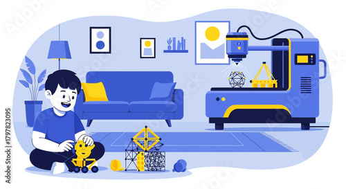 Boy plays with toys next to a 3D printer in a bright, creative living room setting